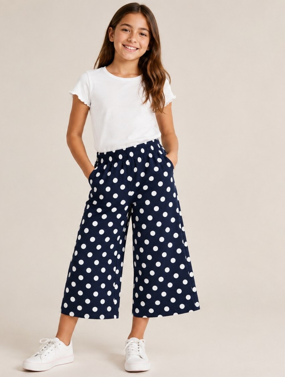 Girls Polka Dot Wide Leg Crop Pants Navy White Size 8 Pull-On